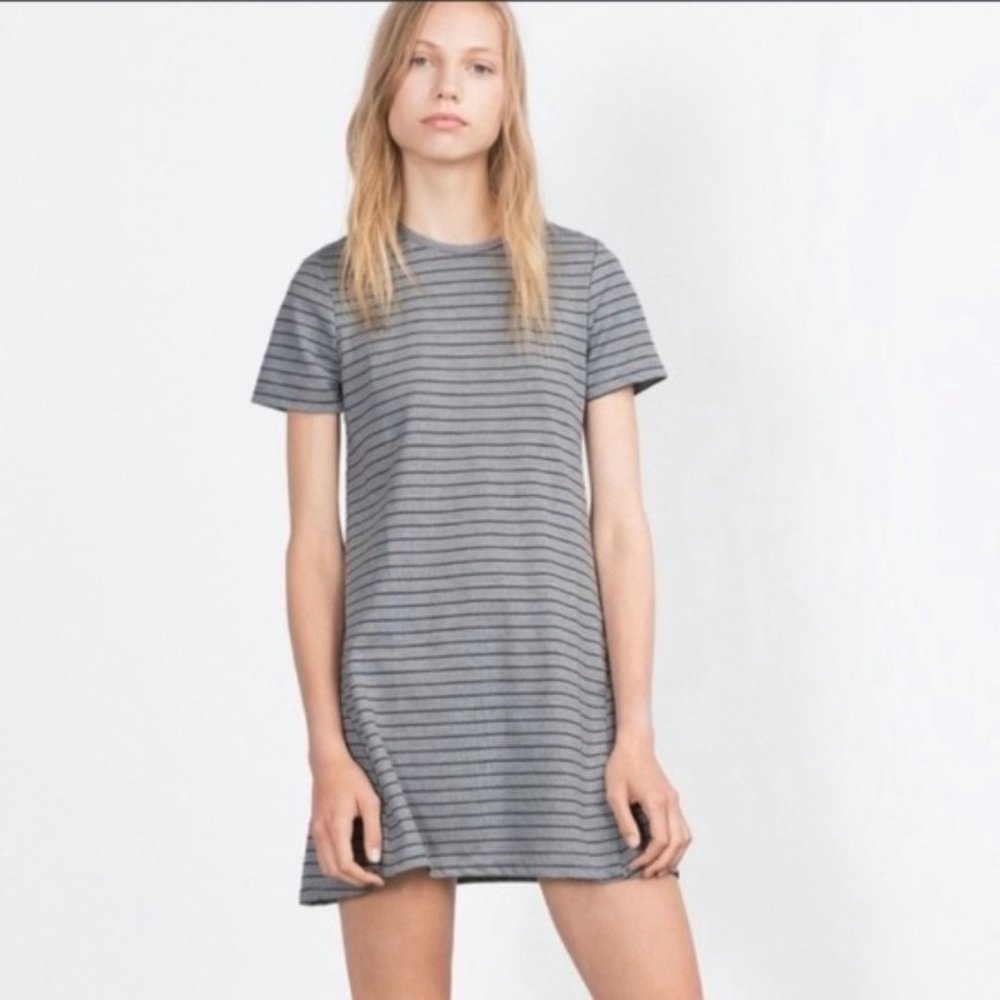 Zara Gray A-Line Striped Mini T-Shirt Dress